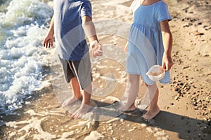 Cute little children with sea shells on beach