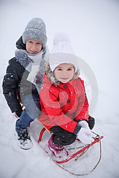 Cute little children sitting on sleigh in snowy park, above view