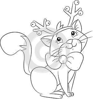 Cute little Christmas cat with reindeer antlers, for children`s coloring book