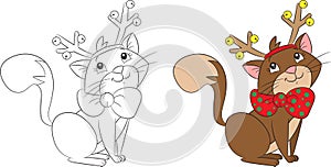 Cute little Christmas cat with reindeer antlers, perfect for children`s coloringbook