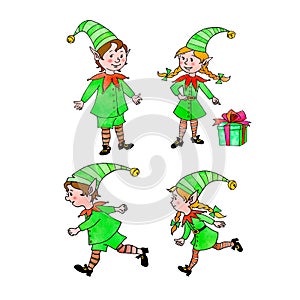 Cute little Christmas Elfes. New year Xmas characters. Hand drawn, cartoon, doodle. Simple color illustration for greeting cards,
