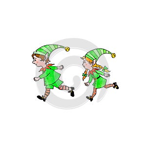 Cute little Christmas Elfes. New year Xmas characters. Hand drawn, cartoon, doodle. Simple color illustration for greeting cards,