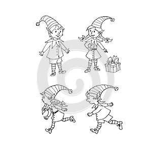 Cute little Christmas Elfes. New year Xmas characters. Hand drawn pattern, cartoon, doodle, line art, outline. Simple illustration