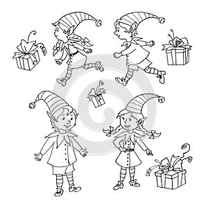 Cute little Christmas Elfes. New year Xmas characters. Hand drawn pattern, cartoon, doodle, line art, outline. Simple illustration