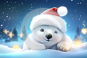 cute little christmas icebear with santa hat in winter