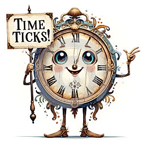 A cute little clock character with wooden sign board and text on it Time Ticks