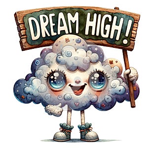 A cute little cloud character with wooden sign board and text on it Dream High!