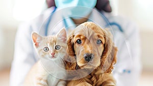 Cute little cocker spaniel puppy and kitten sitting next to each other. veterinarian in the background. Animal medical care dog