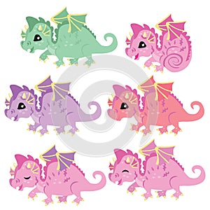 Cute little colorful dragons. Fairy tale dragons.