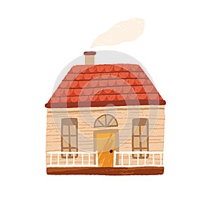 Cute little country house with door, windows and terrace. Facade of home with chimney and smoke. Wooden village cottage