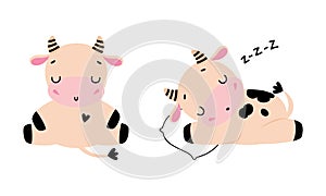 Cute Little Cow Calf with Hoof Sitting and Snoring Sleeping on Pillow Vector Set