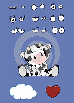 Cute little cow kawaii cartoon expressions set