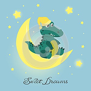 Cute little crocodile on the moon. Sweet dreams poster