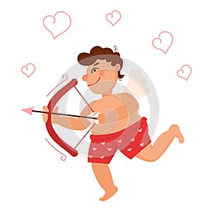 Cute little Cupid with a bow and arrow dressed in red shorts with hearts. Happy Valentine s day. Isolated on white