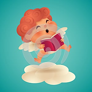 Cute little cupid reading a book floating on cloud. Isolated