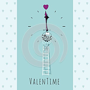 Cute little cupid stays on the ladder and aims the arrow on the heart. It`s Valentine`s time. ValenTime. Greeting Valentines car