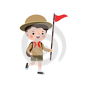 cute little Cute african american boy scout with backpack and flag , Happy kid girl scout honor uniform summer camp cartoon