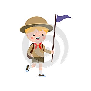 cute little Cute african american boy scout with backpack and flag , Happy kid girl scout honor uniform summer camp cartoon