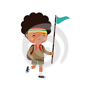 cute little Cute african american boy scout with backpack and flag , Happy kid girl scout honor uniform summer camp cartoon