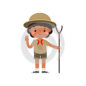 cute little Cute african american boy scout with Hiking Stick, Happy kid girl scout honor uniform summer camp