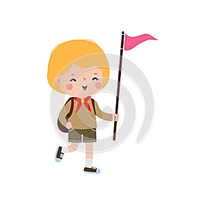 cute little Cute boy scout with backpack and flag , Happy kid girl scout honor uniform summer camp cartoon flat character