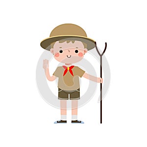cute little Cute boy scout with Hiking Stick, Happy kid girl scout honor uniform summer camp cartoon flat character