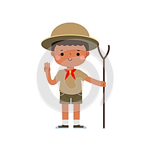 cute little Cute boy scout with Hiking Stick, Happy kid girl scout honor uniform summer camp cartoon flat character