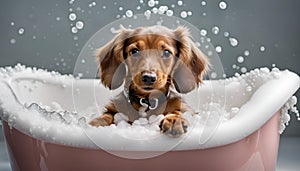 Cute little dachshund puppy taking a bath with foam.