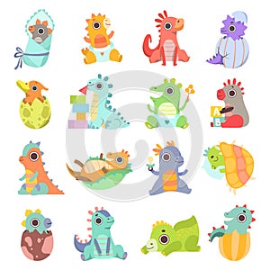 Cute Little Dinosaur or Baby Dragon Hatched from Egg, Playing Toy Blocks and Sitting Big Vector Set