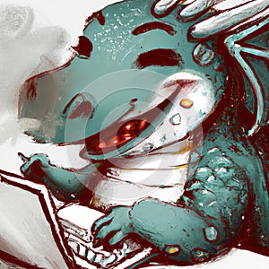 Cute little dinosaur writer typing on his computer and laughing