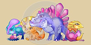 Cute little dinosaurs cartoon set. Playin with egg, stand, born from an egg. Can be used for print design greeting card