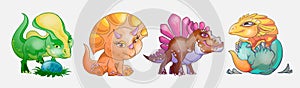 Cute little dinosaurs cartoon set. Playin with egg, stand, born from an egg. Can be used for print design greeting card