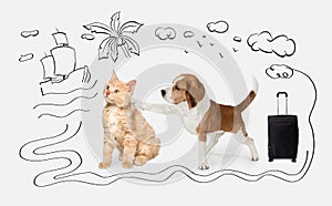 Cute little dog of Beagle and cat over white background with doodles. Friends.
