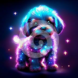 Cute little dog with blue hair and magic lights. Vector illustration. AI Generated