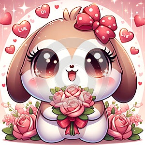 A cute little dog with a bouquet pink rose, bathed in love sign, flower petals arounds, cartoon, anime art, romantic