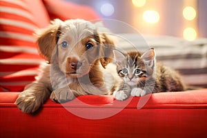 Cute little dog and cat are on the bed in a happy family home