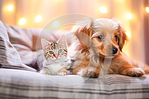 Cute little dog and cat are on the bed in a happy family home