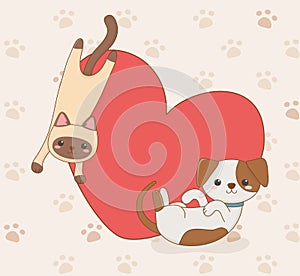 Cute little dog and cat mascots with heart love