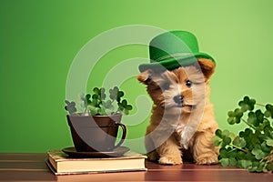 The cute little dog has a green hat on and next to it is a green clover for good luck.