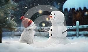 Cute little dog with a hat looking at happy snowman in winter