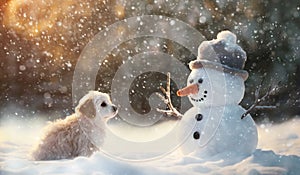 Cute little dog looking at happy snowman in winter