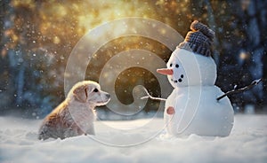 Cute little dog looking at a happy snowman in winter