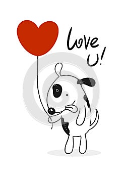 Cute little dog with a red balloon heart. Valentines day gift card. Simple flat hand drawn vector illustration