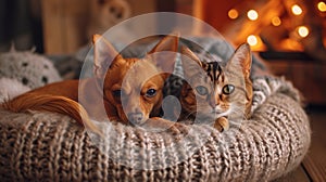 A cute little dog and a red cat lounging together on a cozy pet bed.