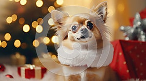 Cute little dog in santa claus costume on new year background closeup. Christmas background, card, wallpaper for desktop