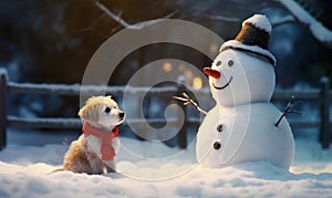 Cute little dog with a scarf looking at happy snowman in winter