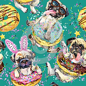 Cute little dog seamless pattern. puppy watercolor illustration