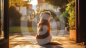 A cute little dog sits blankly, waiting for loneliness on a sunny day. sunset.