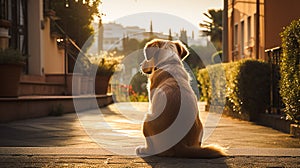 A cute little dog sits blankly, waiting for loneliness on a sunny day. sunset.