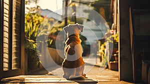 A cute little dog sits blankly, waiting for loneliness on a sunny day. sunset.
